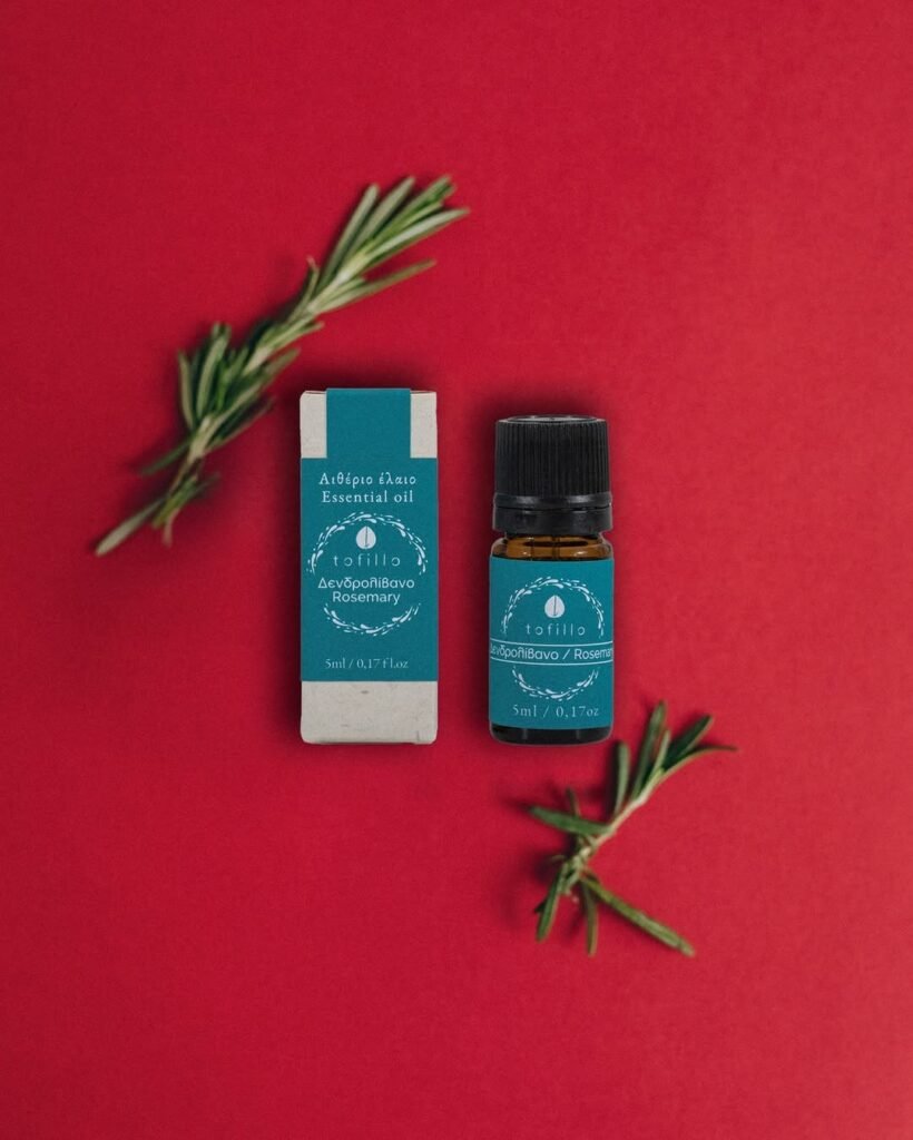 Tofillo's organic rosemary essential oil, a potent remedy for memory, focus, and respiratory support, sustainably produced from Cretan-grown herbs.