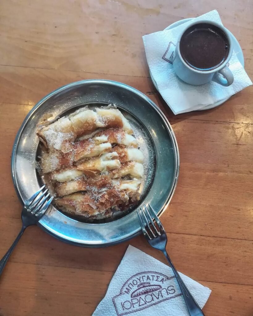 Bougatsa and Greek coffee at Bougatsa Iordanis in Chania, where the same family recipe has been served since 1924. 