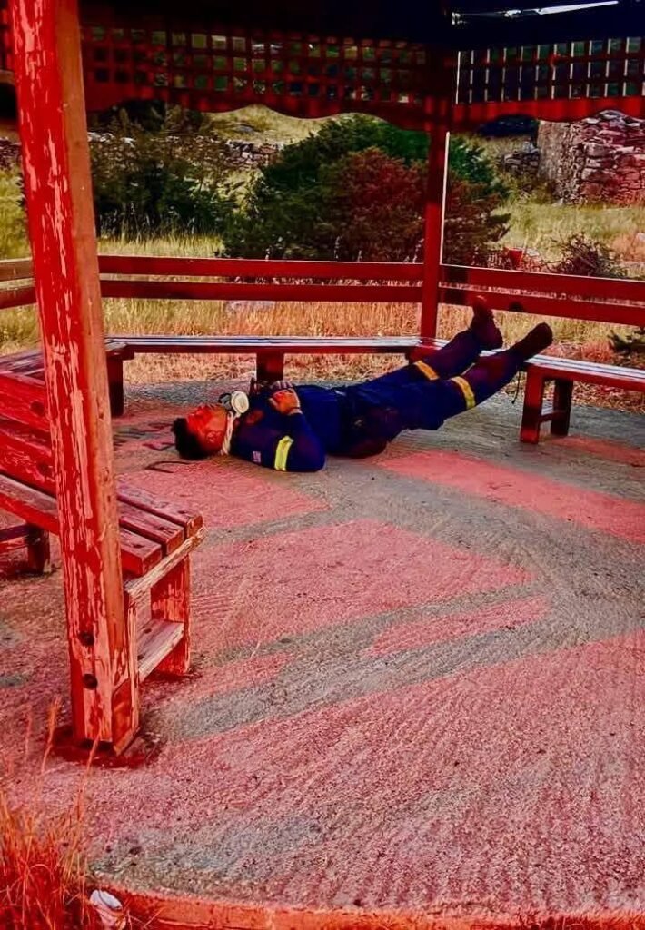 Exhausted firefighters. Wildfire, Rethymno, Crete. July 2026. Photo Credit: Μουσικά Ταλέντα Κρήτης